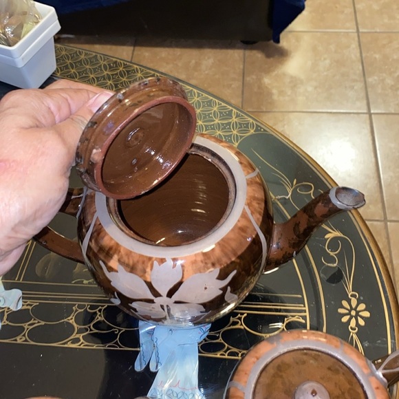 Antique Brown Glaze Silver Overlay Art Nouveau Set Teapot, Sugar Bowl & Creamer